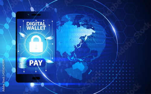 Digital wallet on smartphone with secure payment icon and tech background. Ideal for fintech, e-commerce, and cybersecurity