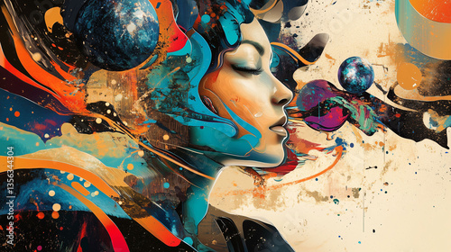 Surreal Digital Collage Merges Traditional Art and Cosmic Themes, Depicting a Woman Reflecting on the Universe. AI generated