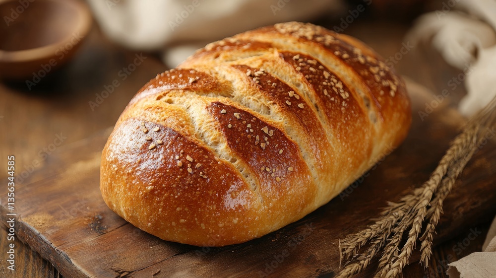 Freshly baked loaf of artisanal bread on wooden board with wheat stalks Freshly baked loaf of artisanal bread on wooden board with wheat stalks