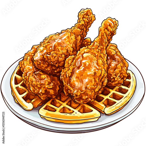 Crispy Fried Chicken on Golden Waffles Vector Art