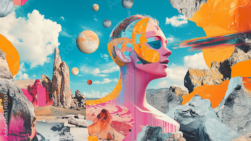 Surreal Digital Collage Blending Traditional Art With Vibrant Landscapes and Cosmic Elements at the Twilight Hour. Generative AI