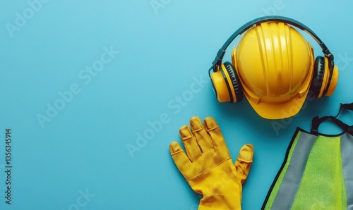 A safety helmet  headphones  and safety glasses on a yellow background 