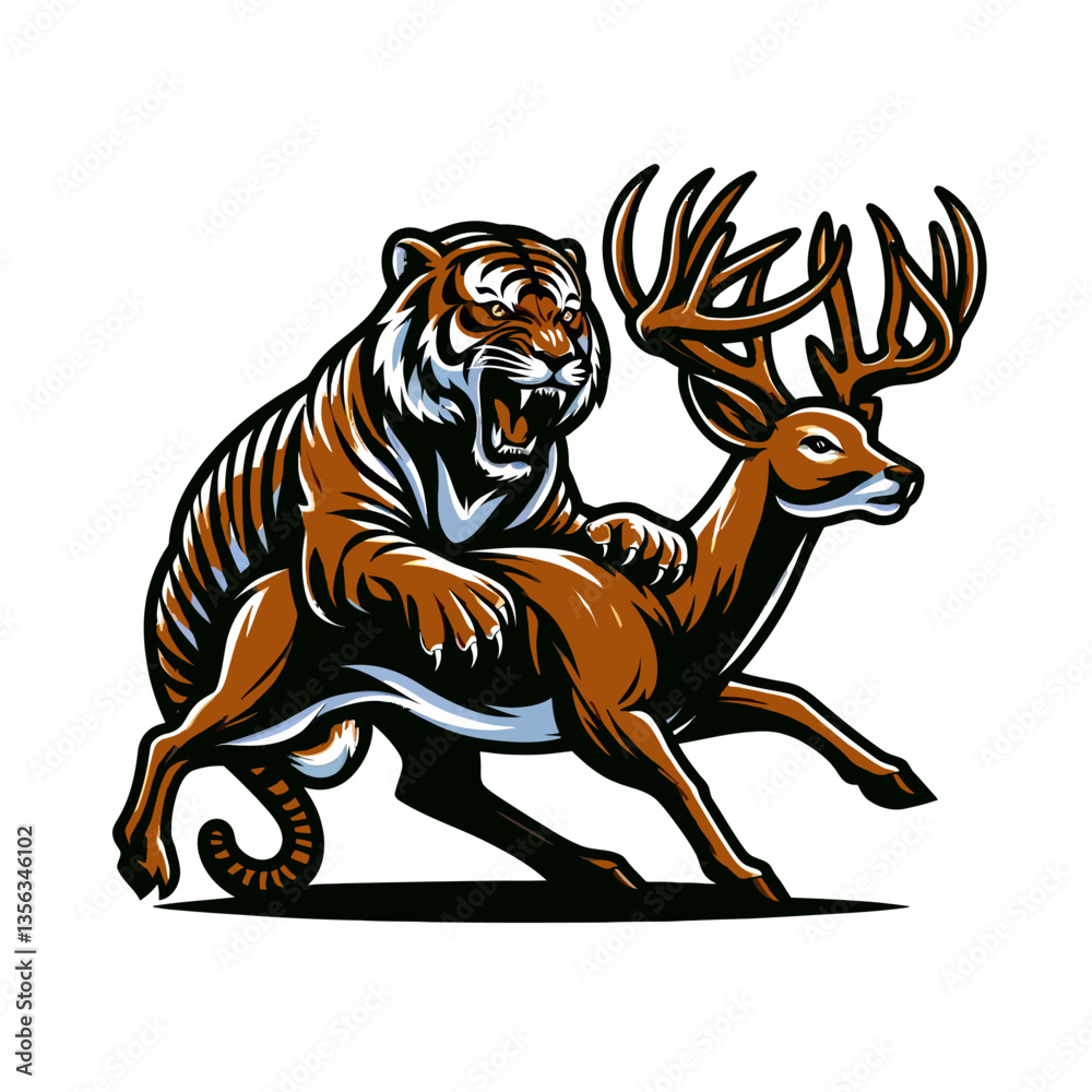 Obraz premium tiger seizing deer logo color full body vector white background
