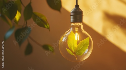Light bulb containing green leaf illuminating sustainable future