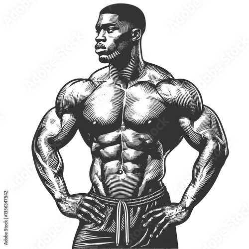 muscular bodybuilder striking a powerful pose, symbolizing strength, fitness, bodybuilding, and athleticism sketch engraving generative ai vector illustration. Scratch board. Black and white image.
