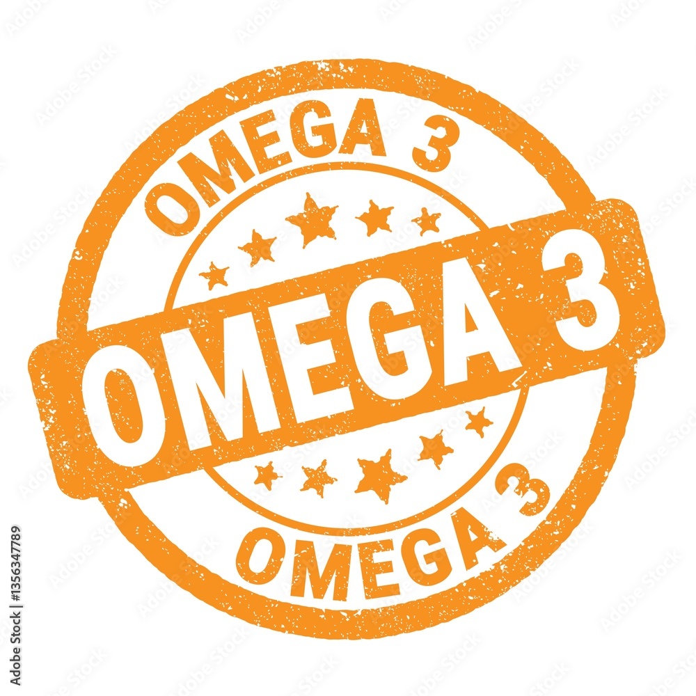 OMEGA 3 text written on orange round stamp sign.