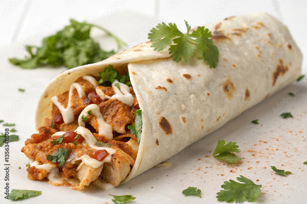 Freshly Made Chicken Burrito with Sauce Wrapped in Tortilla on White Background Freshly Made Chicken Burrito with Sauce Wrapped in Tortilla on White Background