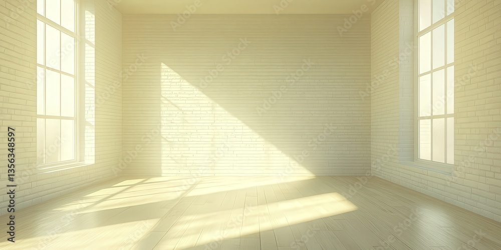 Fototapeta premium Sun-drenched, minimalist room. Warm light streams through windows, highlighting the white brick wall and wood floor in this serene 3D render