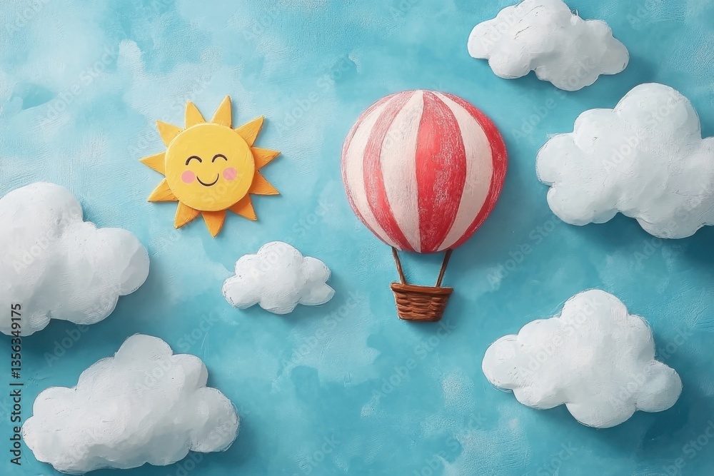 Obraz premium Dreamy Flight: A whimsical illustration of a vibrant hot air balloon sailing across a bright blue sky adorned with fluffy clouds and a smiling sun, radiating joy and adventure.