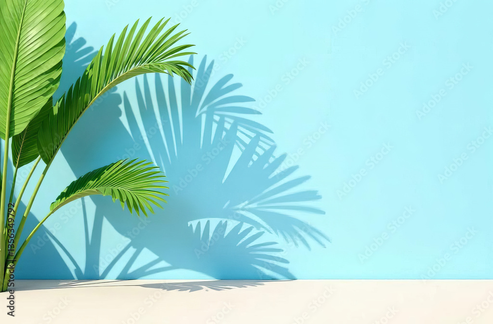 Fototapeta premium Palm leaves casting shadows on a wall and floor, creating a summer tropical beach background in an empty room, minimalist concept.