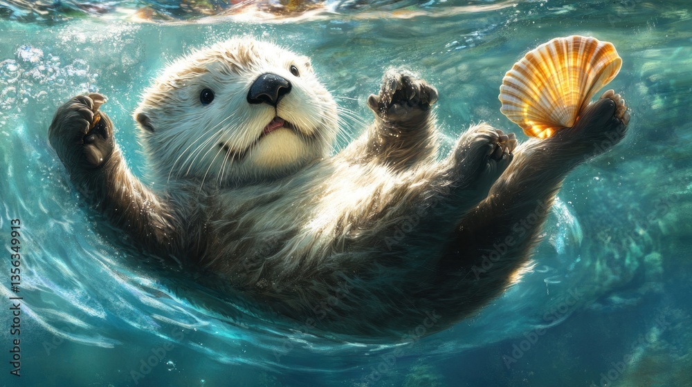 Fototapeta premium Playful Sea Otter Holding a Seashell, Floating Gently in Clear Blue Water
