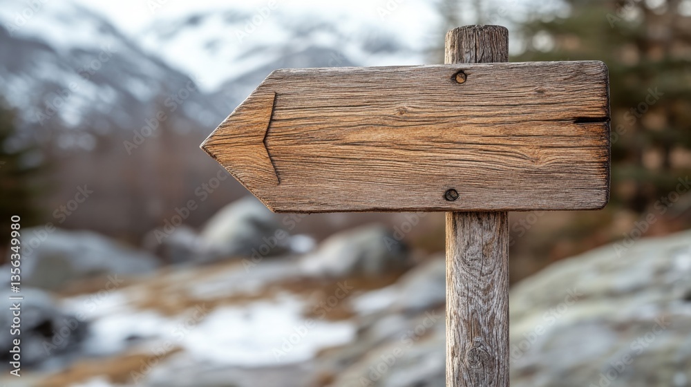 Naklejka premium Rustic Wooden Arrow Signpost in a Snowy Mountain Landscape Guiding the Way on a Winter Hike Adventure Scenic Route