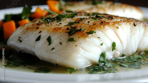 lightly cooked haddock in wine reduction with garnish