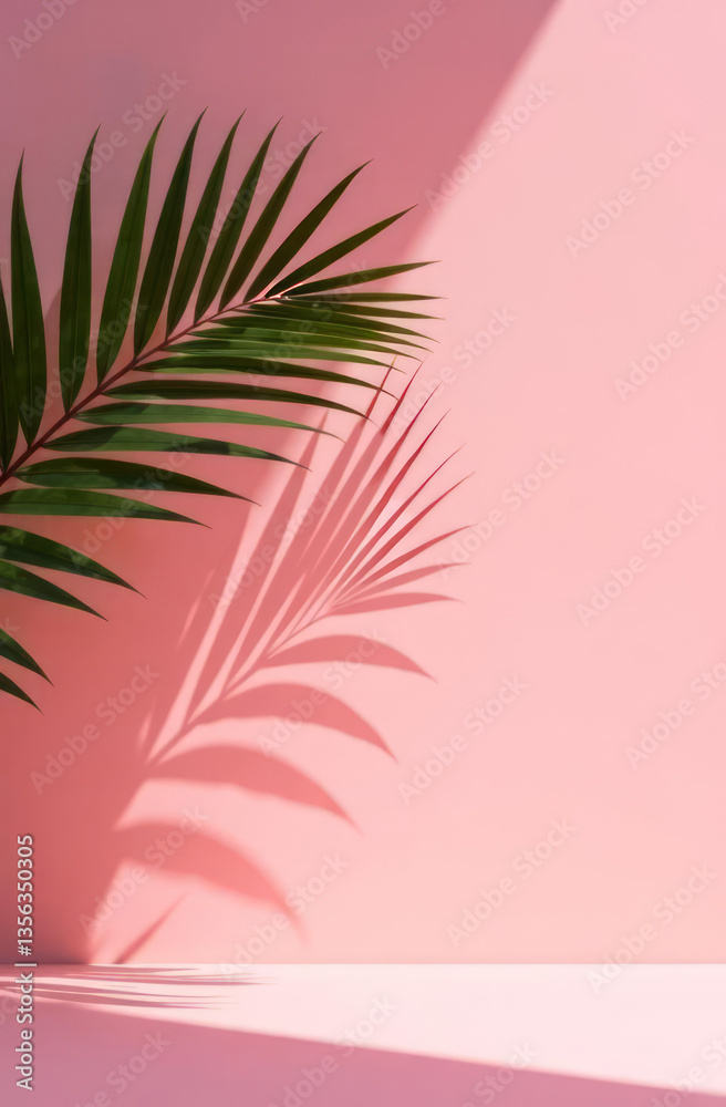 Palm leaves casting shadows on a wall and floor, creating a summer tropical beach background in an empty room, minimalist concept. Palm leaves casting shadows on a wall and floor, creating a summer tropical beach background in an empty room, minimalist concept.