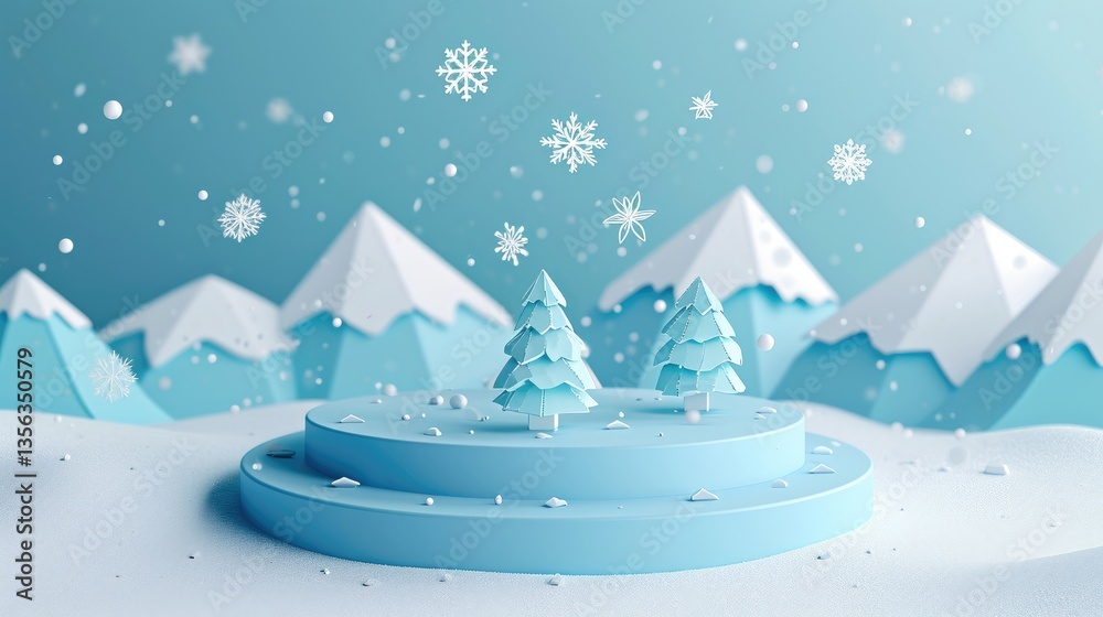 Minimalist winter scene depicts two light blue paper trees on a platform amidst a snowy landscape and mountains under a snowfall.