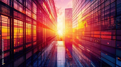 Urban sunset glow: mirrored skyscrapers reflect a fiery sunset, casting a golden light down a city canyon. Modern architecture meets nature's spectacle