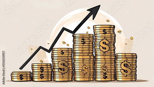  Stacks of Golden Coins Increasing with Upward Arrow, Symbolizing Rising Wealth and Profit in a Minimalistic, Semi-Cartoonish Hand-Drawn Art Style