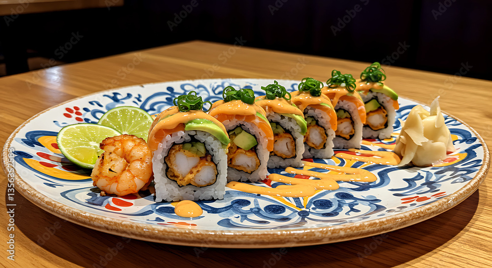 Fototapeta premium Mexican sushi roll with grilled shrimp, avocado, chipotle sauce 