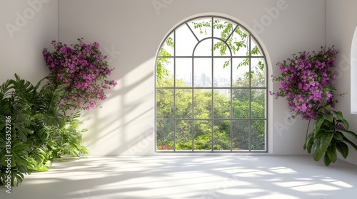 Serene interior with arched window showcasing lush greenery and distant city skyline bathed in soft light and vibrant floral accents
