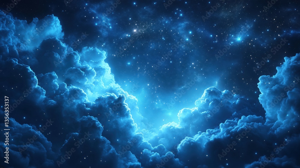 Stunning night sky with luminous clouds and twinkling stars in deep blue hues Stunning night sky with luminous clouds and twinkling stars in deep blue hues