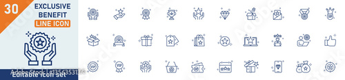 Exclusive benefit line icon set. Set of 30 outline icons related to bonus, benefit, reward, prize, gift, star, loyalty, VIP and others. Editable stroke. Vector illustration.