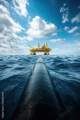 Underwater Pipeline Leading to Offshore Oil Rig in Blue Ocean