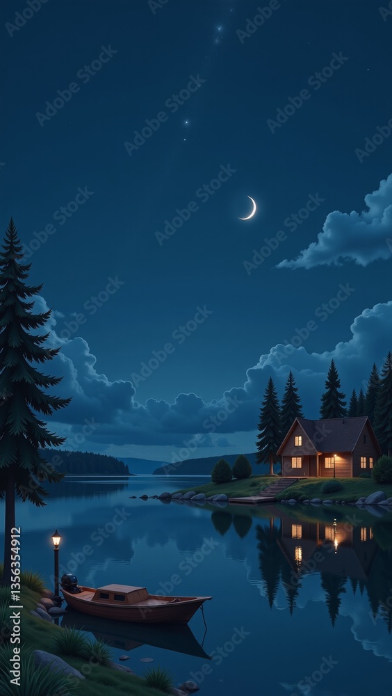 Obraz premium Archipelago Twilight in Finland Turku showcases serene lake with crescent moon reflecting light. Concept of tranquility in Archipelago Twilight in Finland Turku landscape.