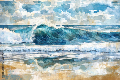 Painting of a wave breaking on a beach with a blue sky