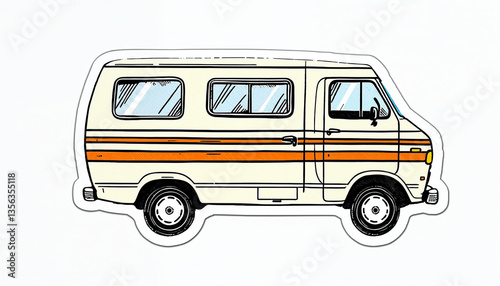 A minimalist, cartoonish sticker of a cream-colored camper van with orange stripes.

