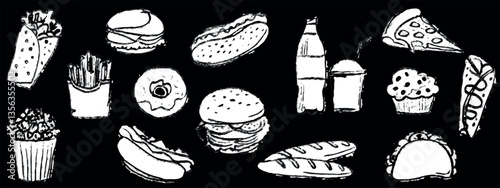 Fast food abstract hand darwn brush ink stroke. Hand drawn set of fast food elements, burger, pizza, sandwich, hamburger, snack. Fast food element drawn by digital brush-pen