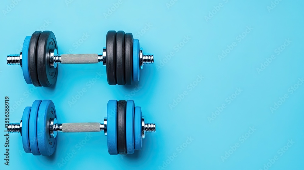 Two dumbbells, fitness, blue background, exercise, workout, gym, healthy lifestyle, website banner Two dumbbells, fitness, blue background, exercise, workout, gym, healthy lifestyle, website banner