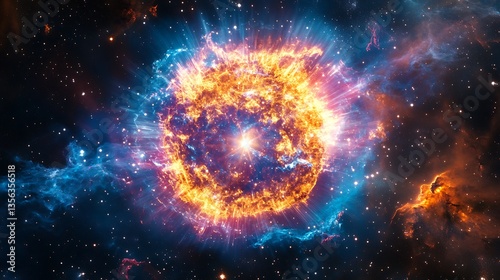 Stellar explosion supernova phenomenon Vibrant cosmic explosion with radiant colors and starlit background.