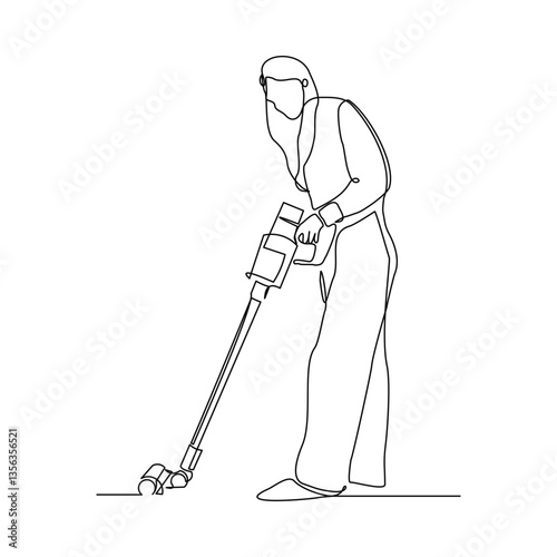 Continuous single line of woman using vacuum cleaner for cleaning room and floor from dust. Housekeeping home tool appliance sketch drawing editable stroke vector illustration