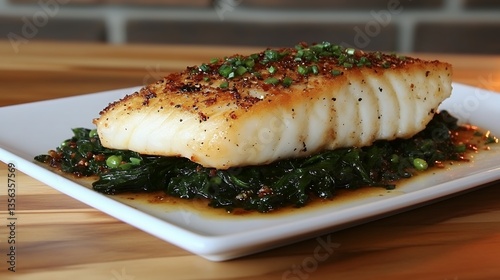 pan seared sea bass fillet on sautéed vegetables
