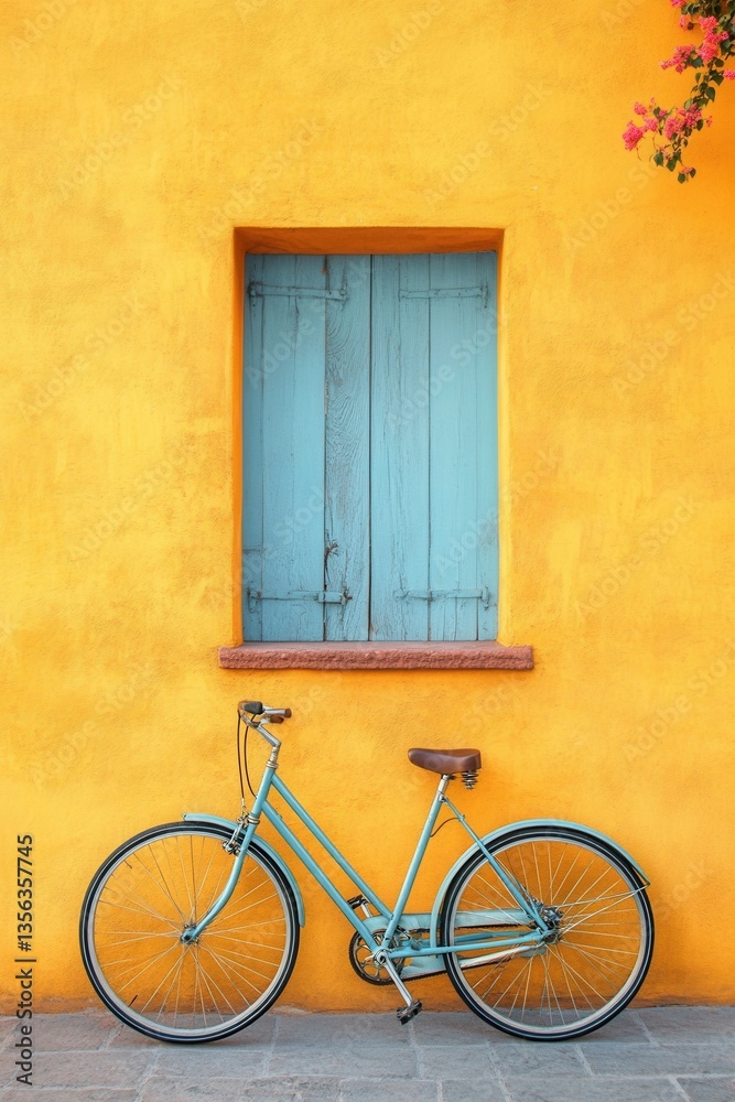Charming blue bicycle parked against a vibrant yellow wall with closed window shutters in a sunny street scene Charming blue bicycle parked against a vibrant yellow wall with closed window shutters in a sunny street scene
