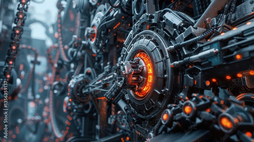 Fototapeta premium futuristic close-up shot of a high-tech mechanical structure, glowing with red light. The complex gears and wires evoke a cyberpunk aesthetic, blending machinery with innovation for an industrial