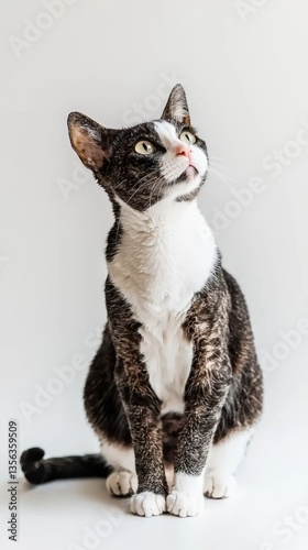 Cornish Rex cat is sitting on a white background. Looking forward. The cat's eyes are wide open, giving it a curious and alert appearance . Copy space