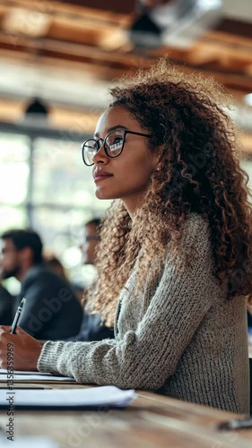 Young woman with curly hair taking notes in a conference setting, engaged in learning during a professional event