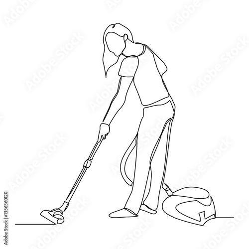 Continuous single line of woman using vacuum cleaner for cleaning room and floor from dust. Housekeeping home tool appliance sketch drawing editable stroke vector illustration
