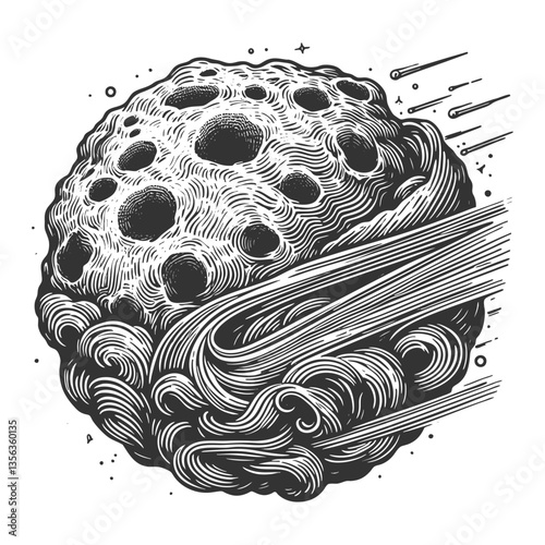 massive cratered asteroid hurtling towards mountainous alien landscape with shooting stars and planets sketch engraving generative ai vector illustration. Scratch board. Black and white image