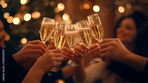 a group of people celebrating, close-up clinking glasses. hands raising champagne glasses in celebratory toast with golden bubbles and festive bokeh. sophisticated and joyful ambiance Generative Ai