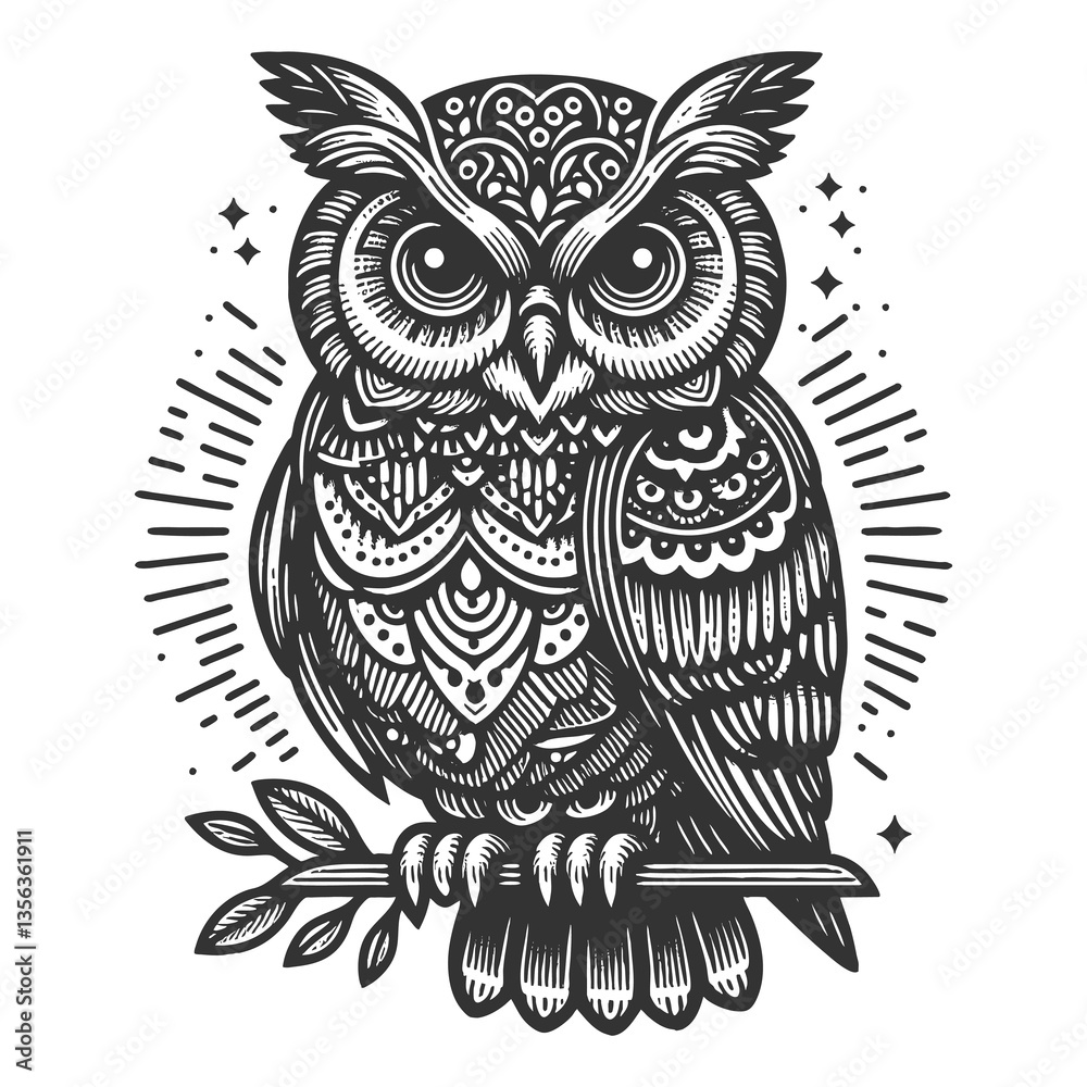 Fototapeta premium mystical owl adorned with feathers, jewelry, and surrounded by decorative floral and leafy elements sketch engraving generative ai raster illustration. Scratch board imitation. Black and white image.