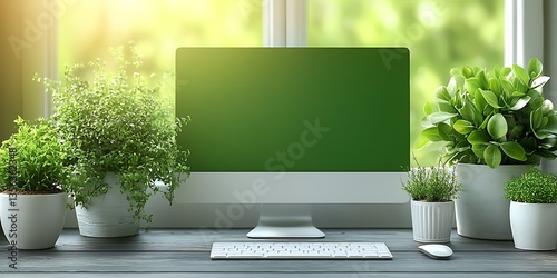 A desktop computer surrounded by green plants and a bright window