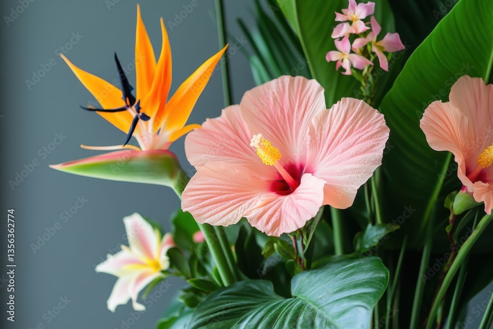 Fototapeta premium Tropical floral arrangement featuring hibiscus and bird of paradise flowers against a serene background creating a tranquil and vibrant botanical display
