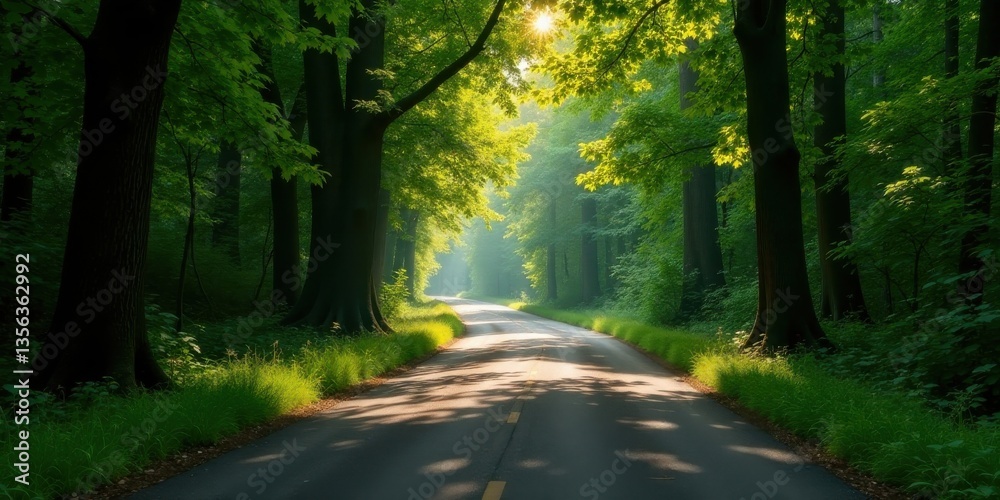 Obraz premium Serene Forest Road at Dawn Sunlight Illuminates a Scenic Asphalt Path Through Lush Green Trees and Vibrant Undergrowth