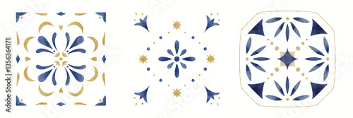 Watercolor decorative Mediterranean tiles elements set. Ornamental design for wrapping paper, textiles, postcards, stationery, borders.
