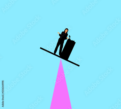 Illustration of a businesswoman at a podium on a balance beam symbolizing risk and instability