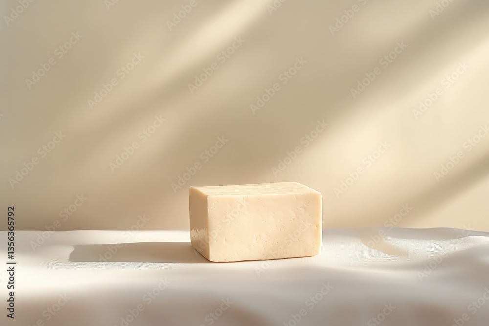 A simple rectangular soap bar resting on a white cloth surface A simple rectangular soap bar resting on a white cloth surface