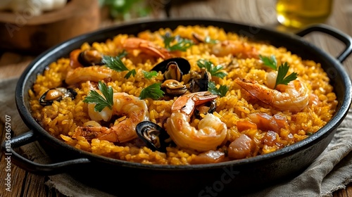 gourmet paella with saffron rice and seafood mix
