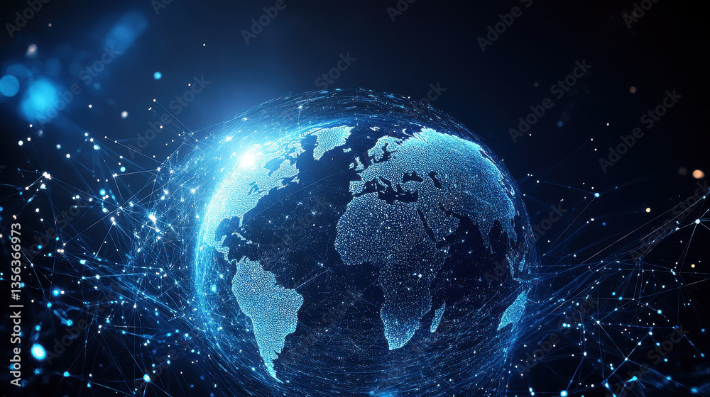 Abstract digital blue Earth with global network connections and data transfer in space on a dark background Abstract digital blue Earth with global network connections and data transfer in space on a dark background